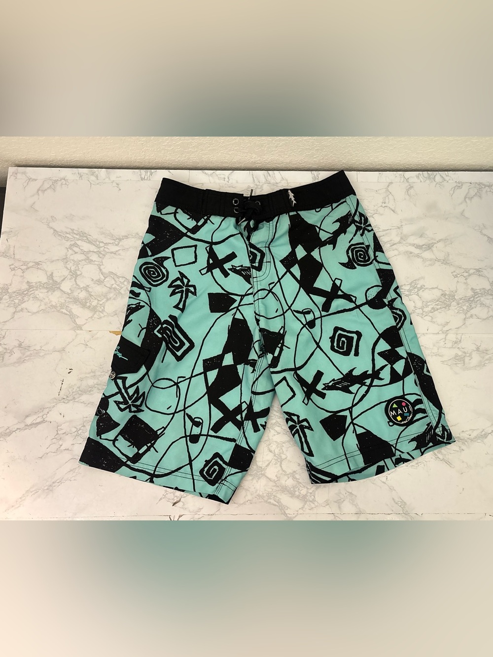 Y2K Maui & Sons Swim Board Trunks Boys M Surfer Skater 2000's Blue Geometric